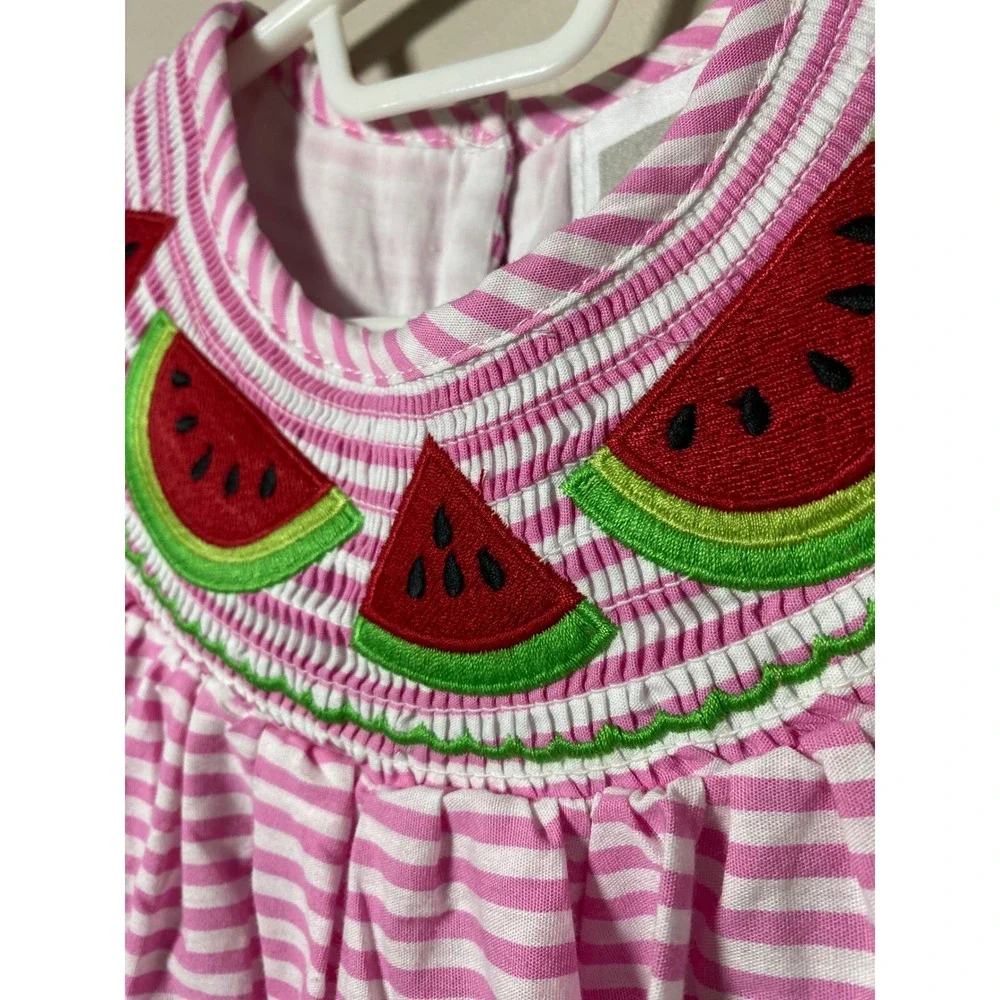 Lil Cactus EUC Girls Pink Striped Smocked Watermelon Dress Size 3T Cotton Summer